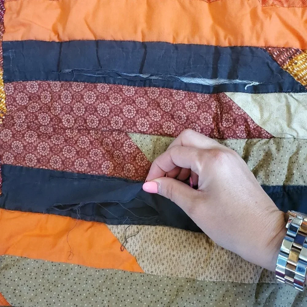 Handmade Jelly Roll Fall Autumn Leaf‎ Quilt Brown Orange NEEDS REPAIR 62x48